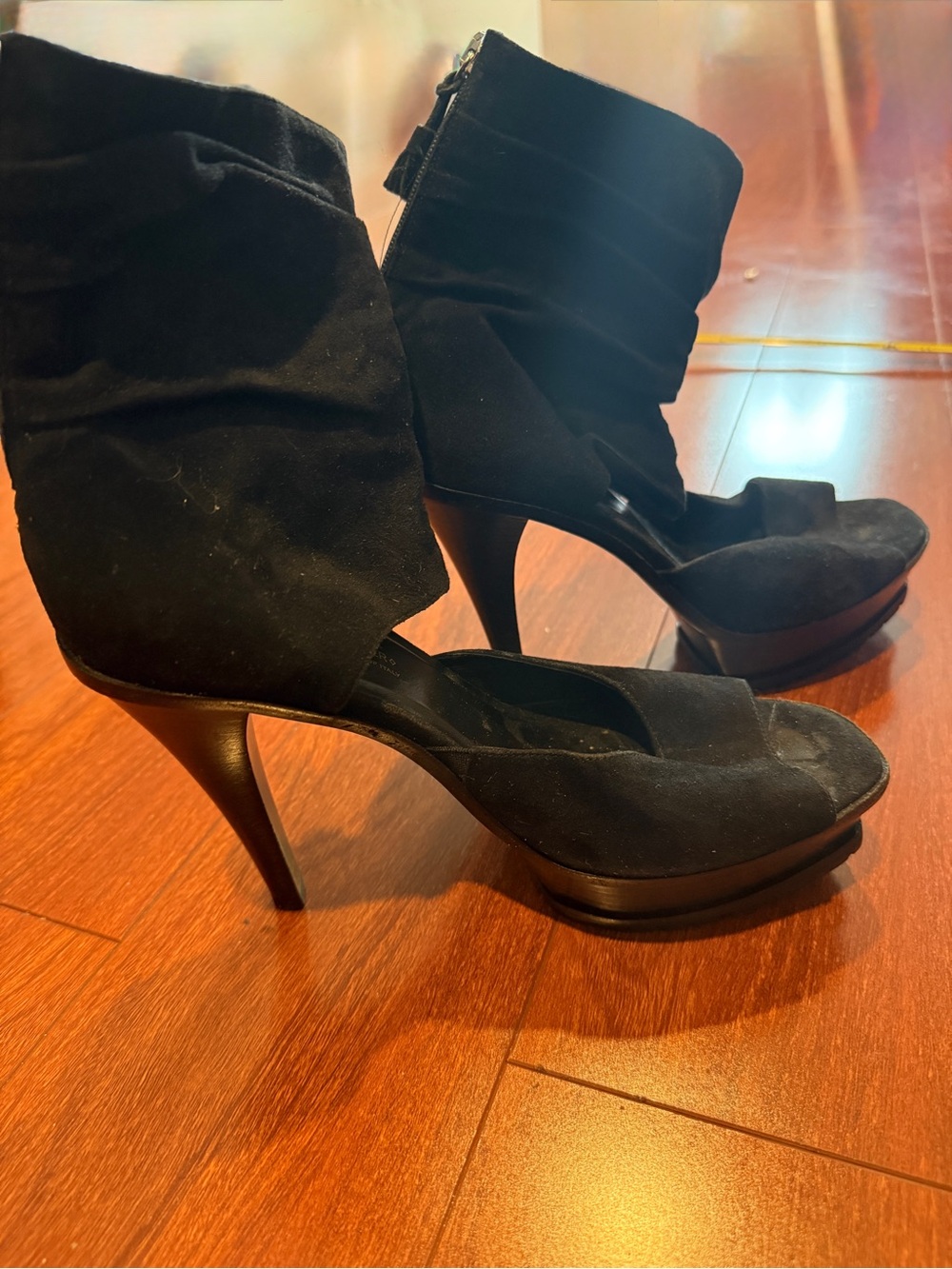 Donald J. Pliner Black Suede Peep-Toe Ankle Heels